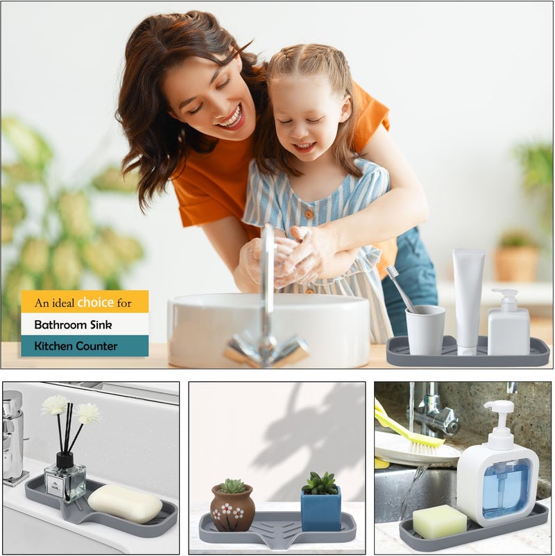 YASMEN Silicone Bathroom Soap Dishes, Sponge Holder for Kitchen Sink, Shower Soap Holder with Drain, Soap Dispenser Tray, Soap Dish for Bar Soap, Soap Bottle, Cup, Sink or Counter Organizer - Gray 9"" x 4"" - Image 3